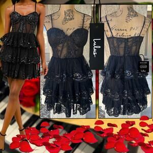 Lulus Exquisite Drama Black Embroidered Sequin Tiered Mini Dress Size XL